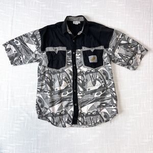 90s Giovanni Luomo Dare SS Button Shirt M Vtg Gray Abstract Geometric Surfer